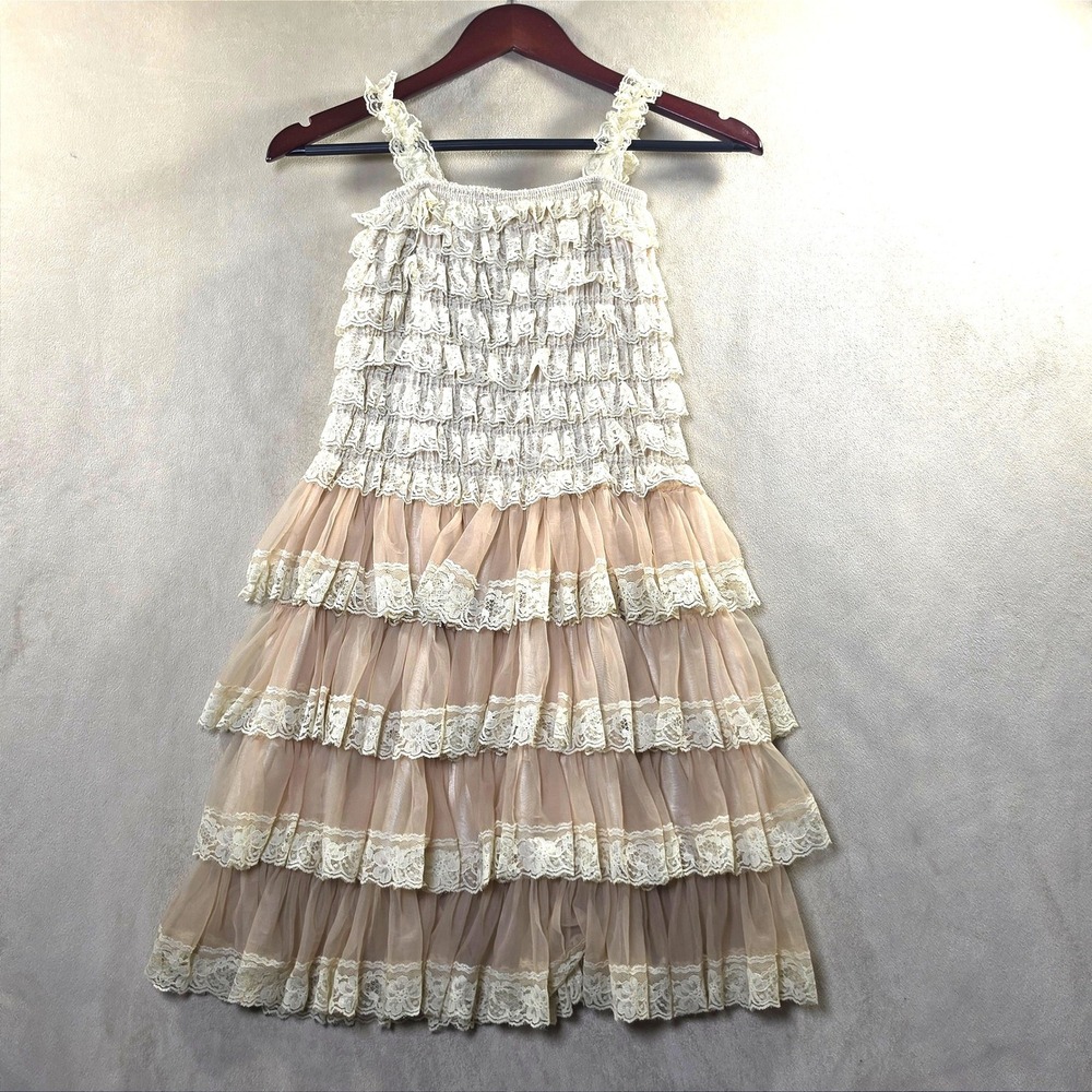 Country Couture & Co Girls Cream Champagne Lace Tiered Ruffle Dress L/XL